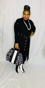 Ms. Pearl Black Cardigan embellished with Pearls (Detachable Belt Included)